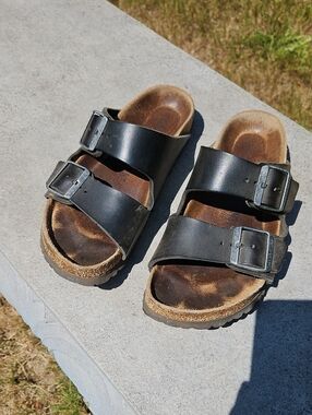 Birkenstock Well Worn Arizona Double Strap Black Leather Sandals Size 38